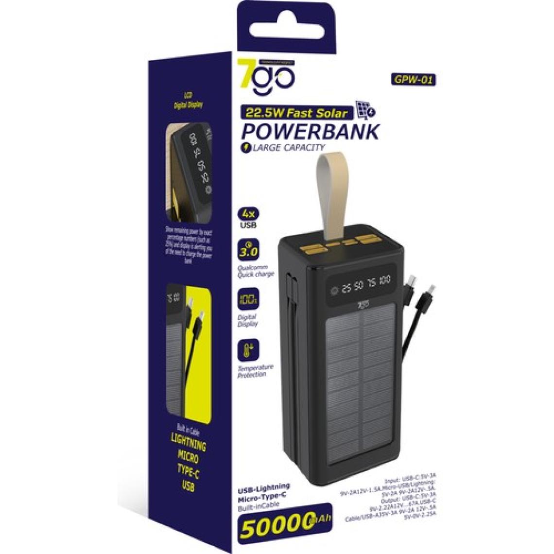 7go Gpw-01 50.000 Mah Solar Powerbank – 22.5 W Hızlı Şarj, Dahili Kablolu, LED Ekranlı Taşınabilir Şarj Cihazı