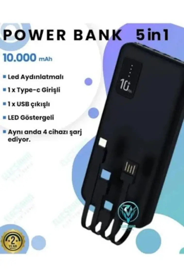Blic Bpb4 10.000MAH LED Işıklı Powerbank Siyah | 4 Cihaz Aynı Anda Şarj | Dahili 3in1 Kablo