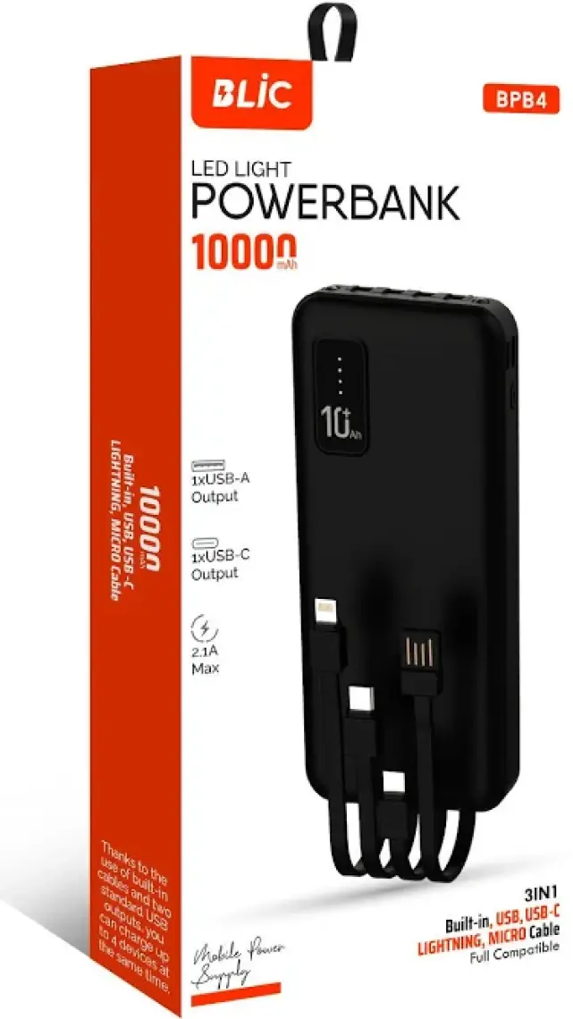 Blic Bpb4 10.000MAH LED Işıklı Powerbank Siyah | 4 Cihaz Aynı Anda Şarj | Dahili 3in1 Kablo
