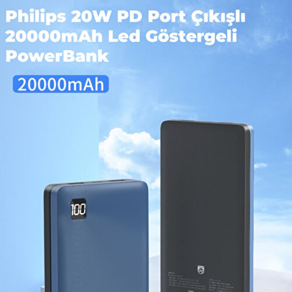 Philips 20000 mAh Powerbank 22.5W USB ve Type-C PD Üç Çıkışlı Led Göstergeli