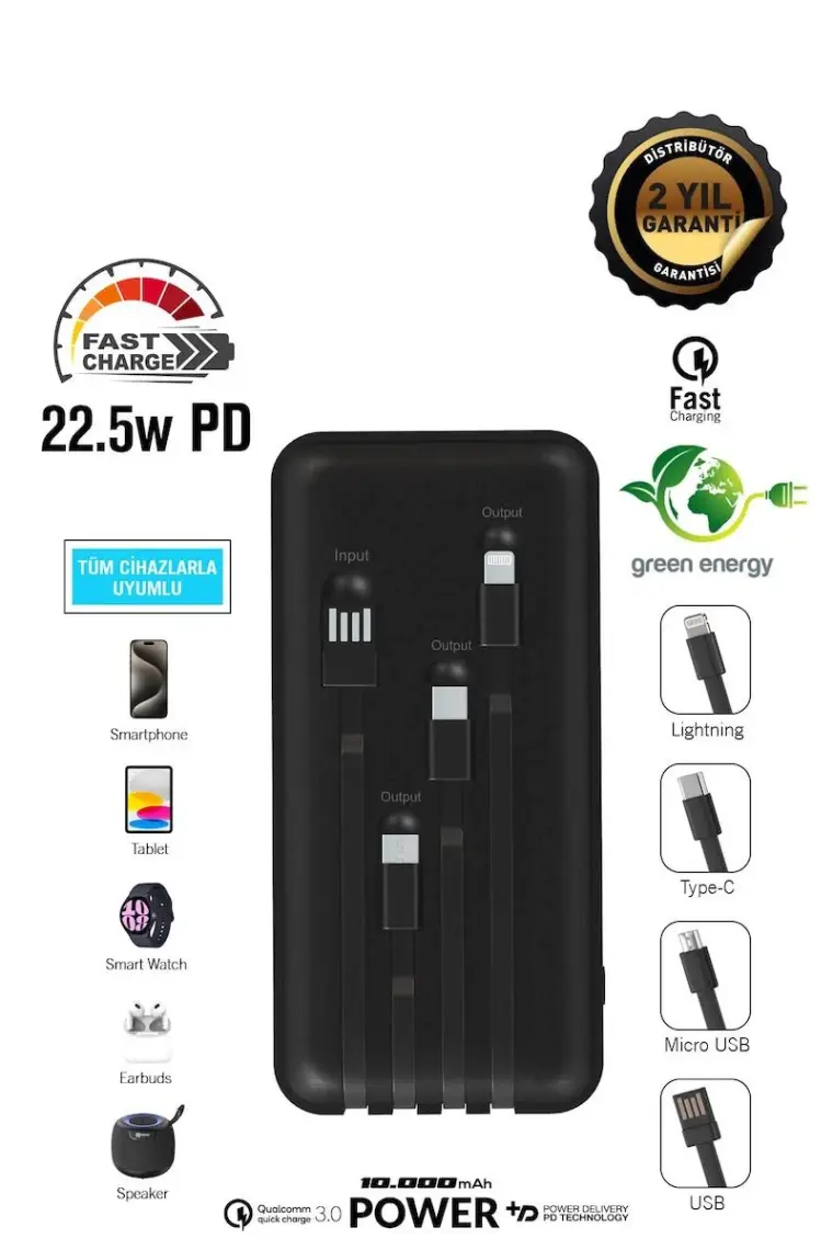 Intouch 10.000 mAh Quick 22,5W Pd Qc 3.0 Dijital Göstergeli Dahili Çoklu Kablolu Powerbank