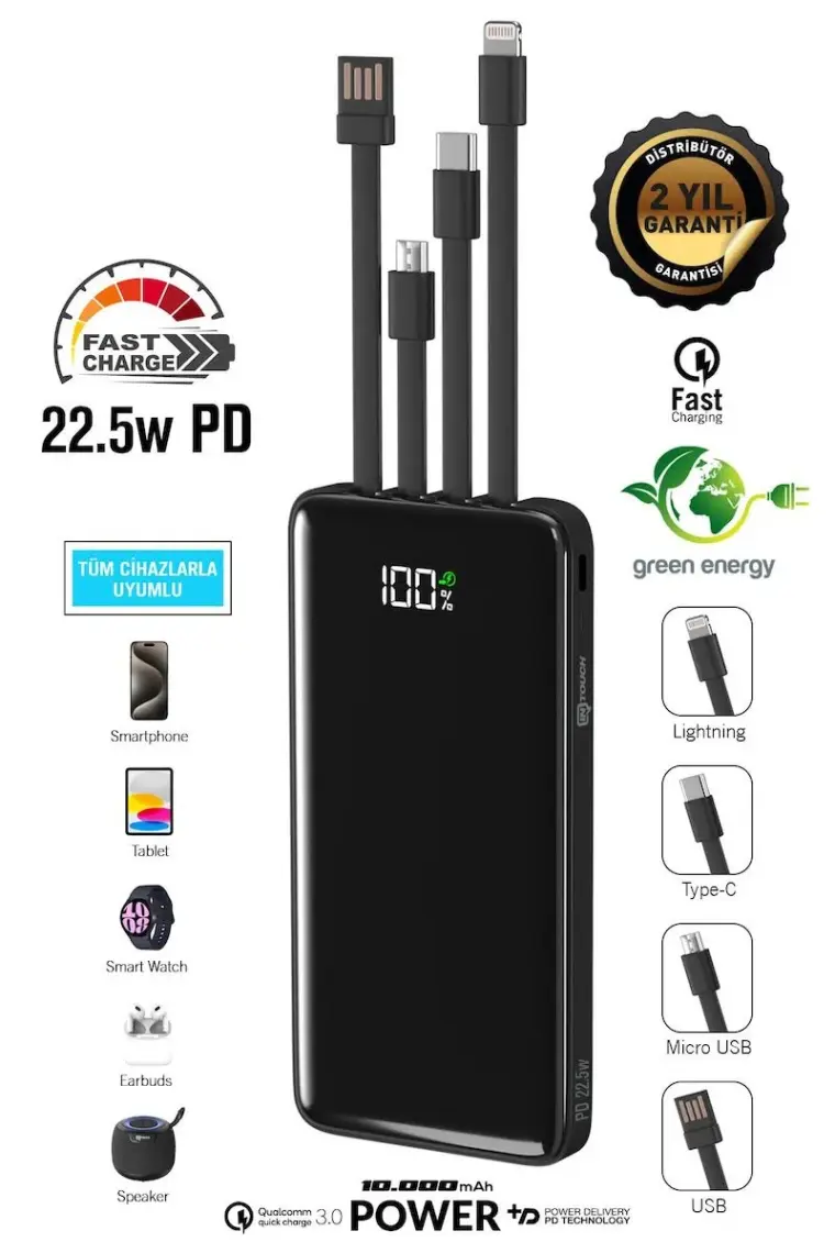 Intouch 10.000 mAh Quick 22,5W Pd Qc 3.0 Dijital Göstergeli Dahili Çoklu Kablolu Powerbank