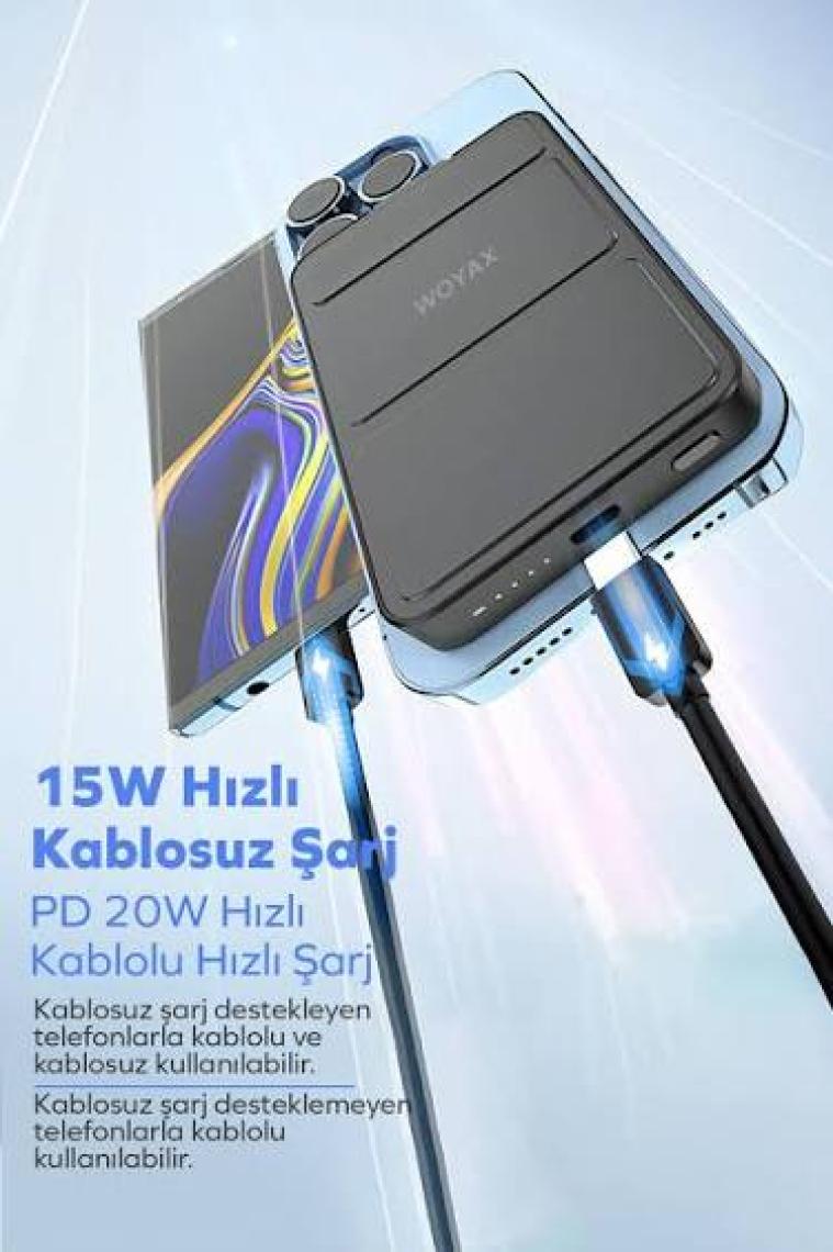 Woyax By Deji Magsafe Powerbank 10000 mAh Standlı Hızlı Taşınabilir Şarj Cihazı Batarya iPhone 11 12 13 14 15 16 Android Siyah