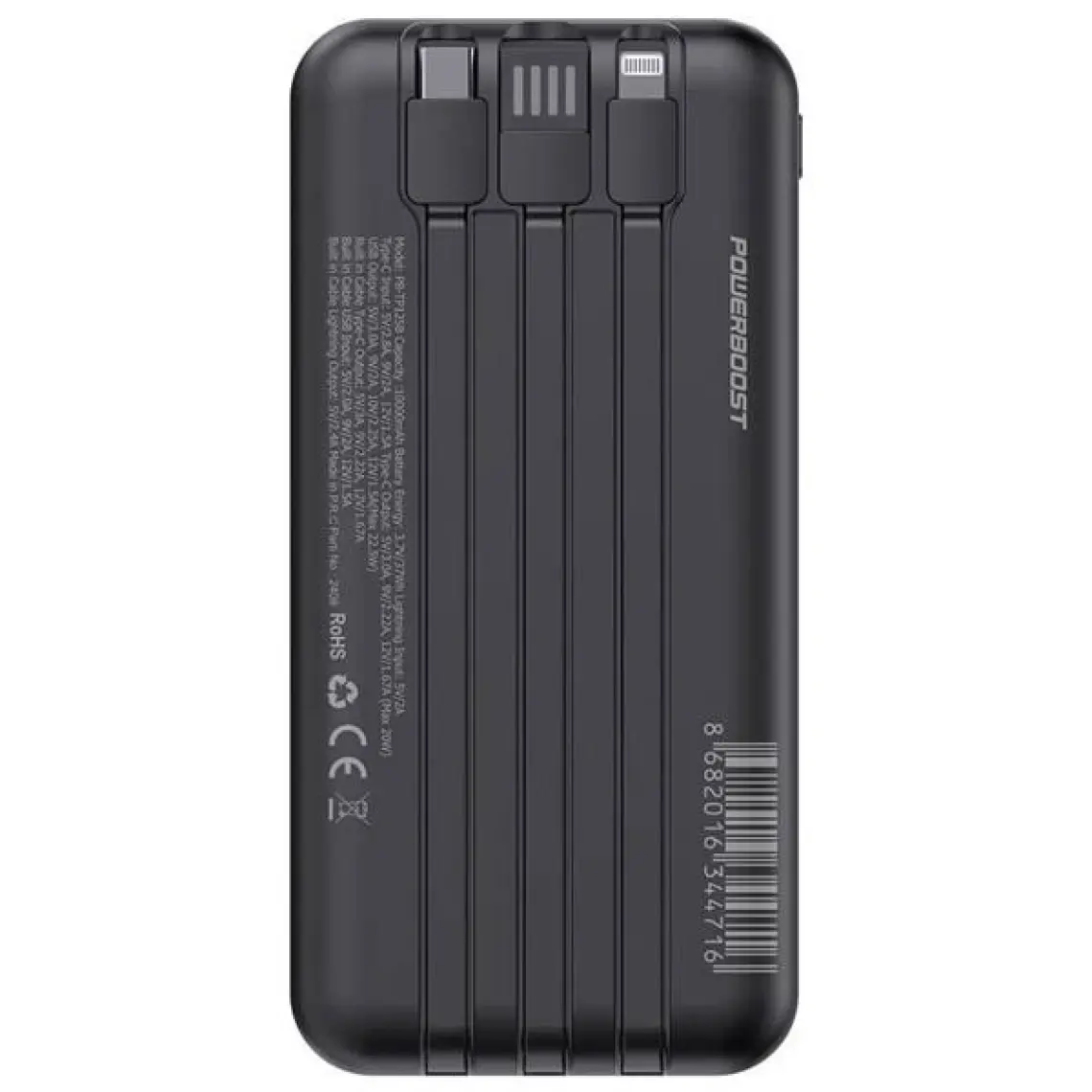 Powerboost Nıght 125B 10000MAH PD20W HSC22.5W Dahili Kablolu LCD Siyah Taşınabilir Şarj Cihazı Powerbank