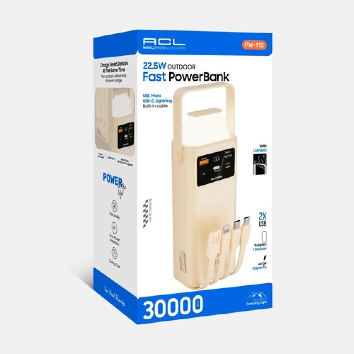 Acl PW-112 22.5W Outdoor Hızlı Şarj Powerbank Beyaz – 30.000mAh Kapasite, Çoklu USB Çıkış, Dahili Kablolar, LED Ekran & Kamp Lambası