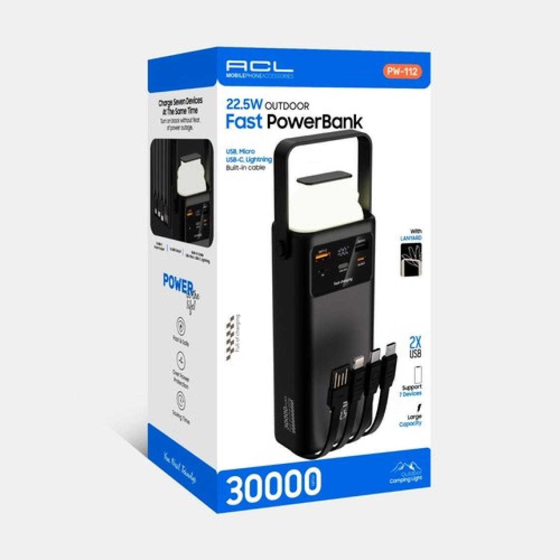 Acl PW-112 22.5W Outdoor Hızlı Şarj Powerbank Beyaz – 30.000mAh Kapasite, Çoklu USB Çıkış, Dahili Kablolar, LED Ekran & Kamp Lambası
