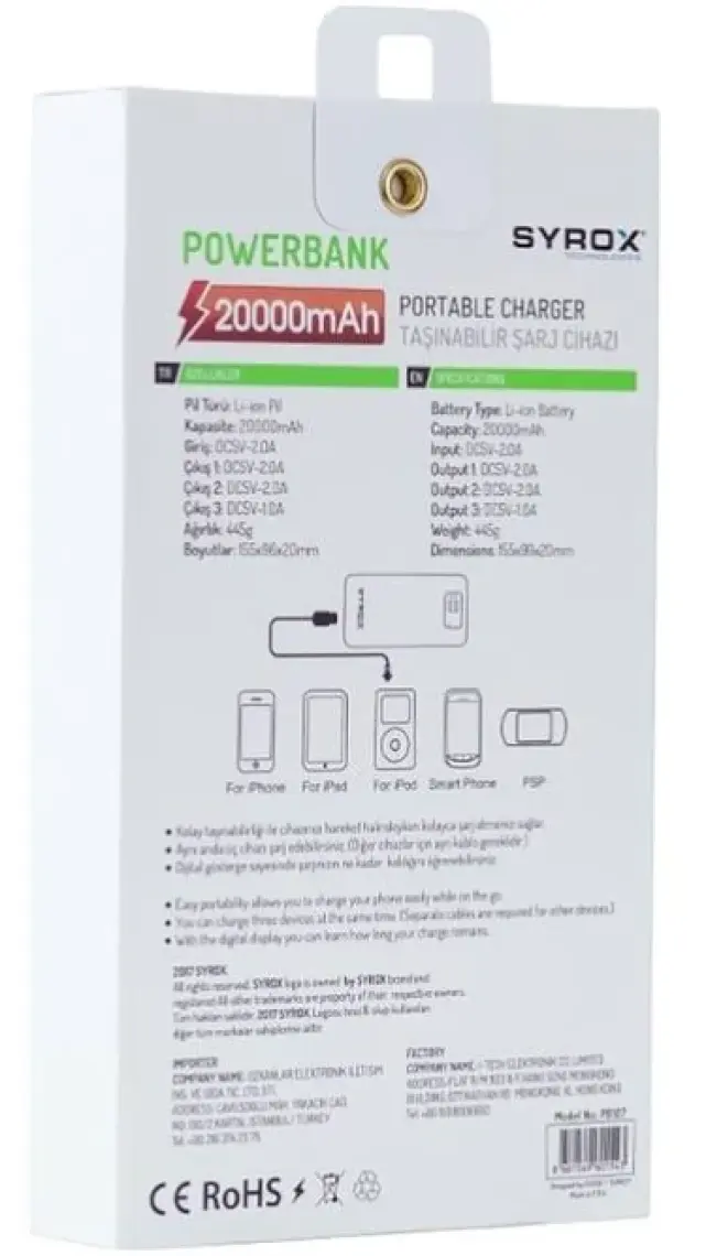 Syrox 20000 mAh Dijital Ekranlı PowerBank Siyah -PB107