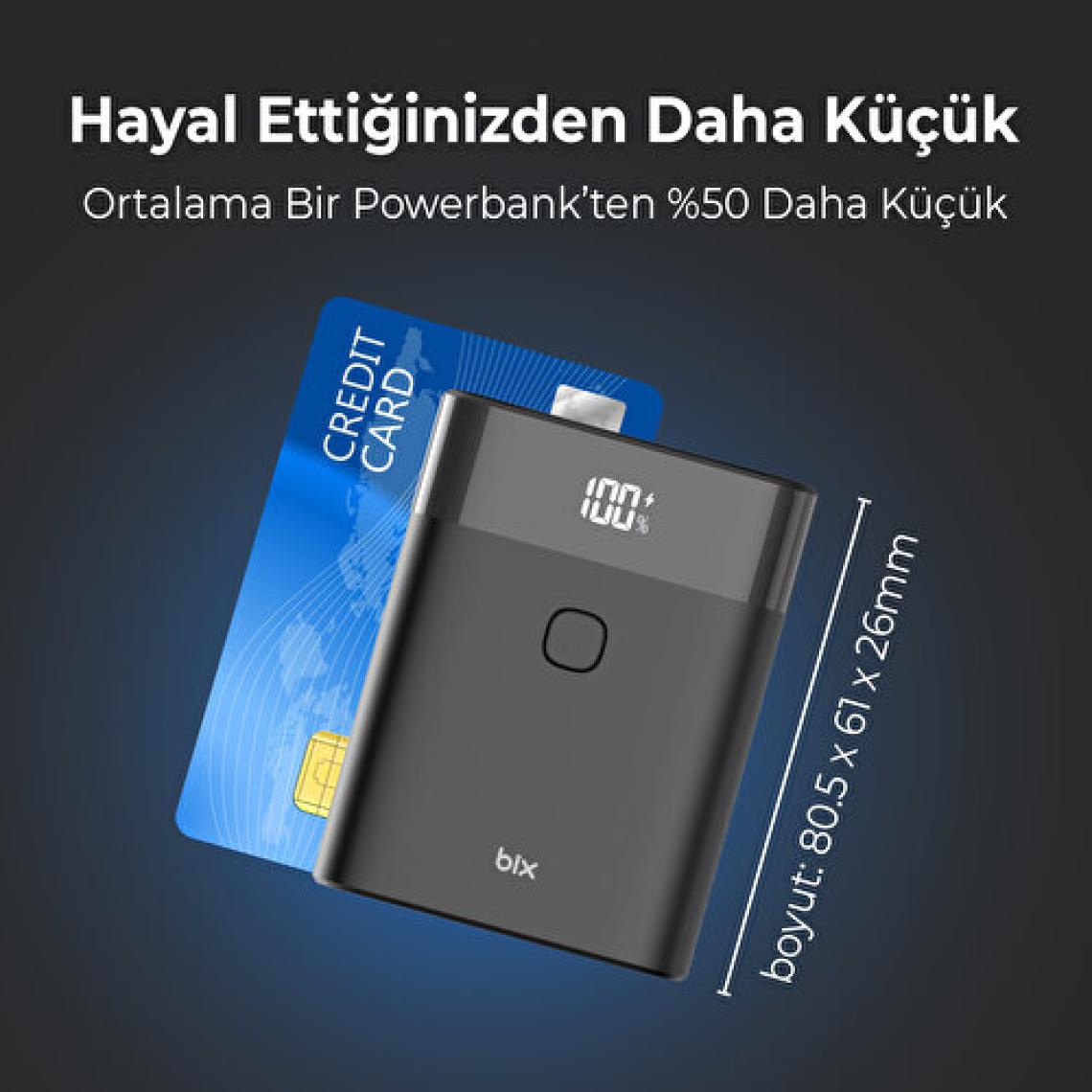 Bix PB20W 10000MAH Type-C ve USB Çift Çıkışlı Dijital Ekranlı Mini Powerbank Siyah iPhone Samsung Huawei Uyumlu
