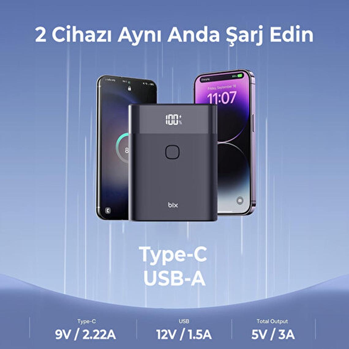 Bix PB20W 10000MAH Type-C ve USB Çift Çıkışlı Dijital Ekranlı Mini Powerbank Siyah iPhone Samsung Huawei Uyumlu