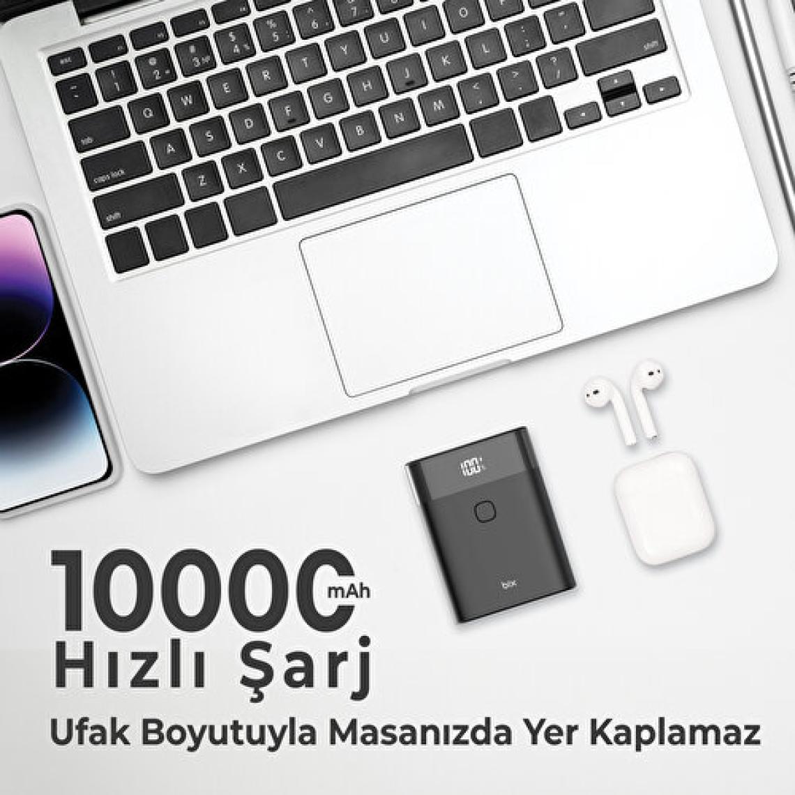 Bix PB20W 10000MAH Type-C ve USB Çift Çıkışlı Dijital Ekranlı Mini Powerbank Siyah iPhone Samsung Huawei Uyumlu