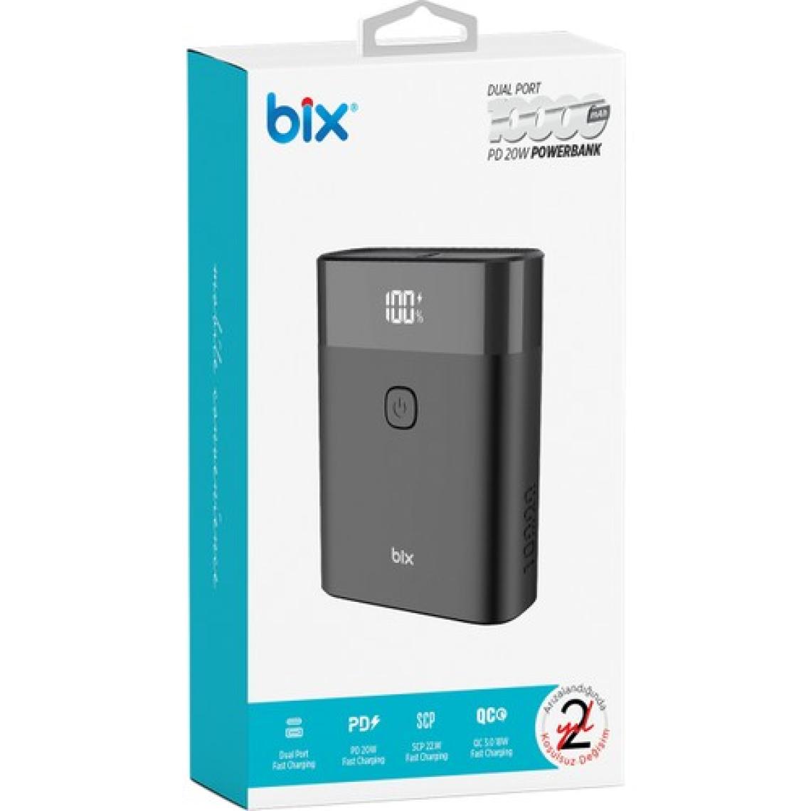 Bix PB20W 10000MAH Type-C ve USB Çift Çıkışlı Dijital Ekranlı Mini Powerbank Siyah iPhone Samsung Huawei Uyumlu
