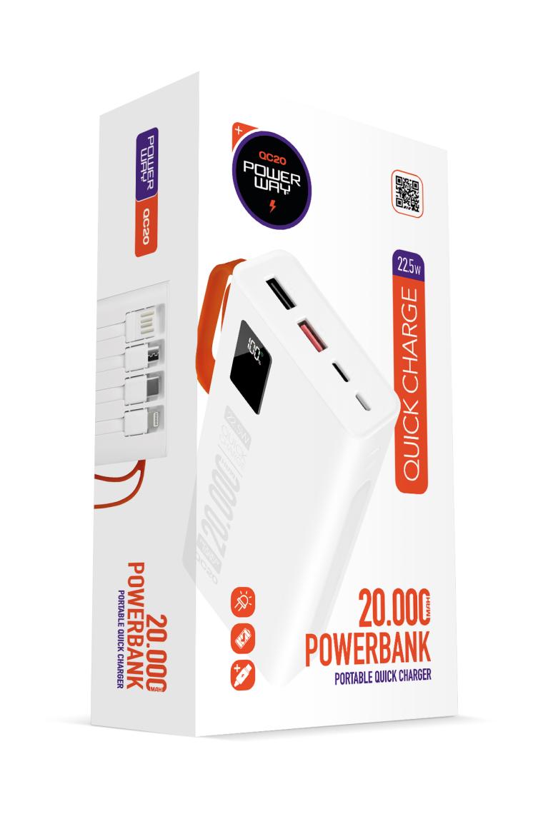 Powerway  Pd 22.5W 20.000 Mah 3.0 Hızlı Şarj (Gerçek 20.000 Mah Garantili) QC20 Beyaz Powerbank