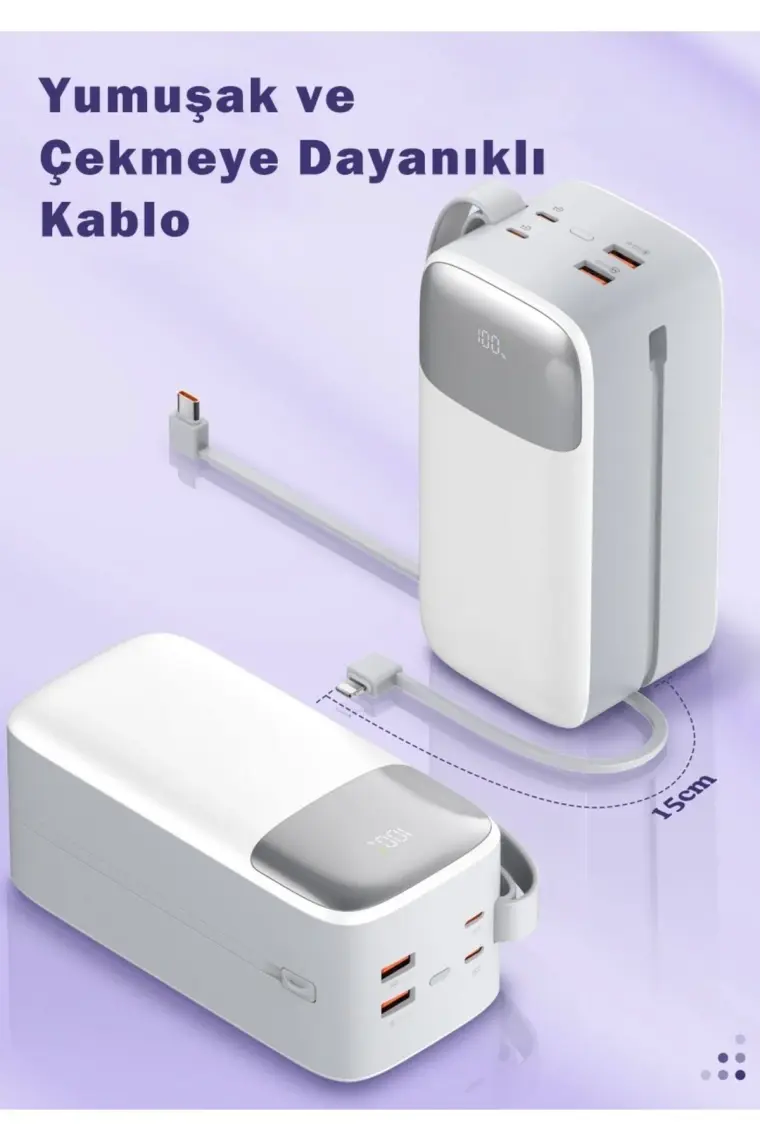 Sword 50000 mAh PD 22.5 W Hızlı Şarj Kendinden Kablolu Type-C & Lightning Powerbank Beyaz SW-50PO3