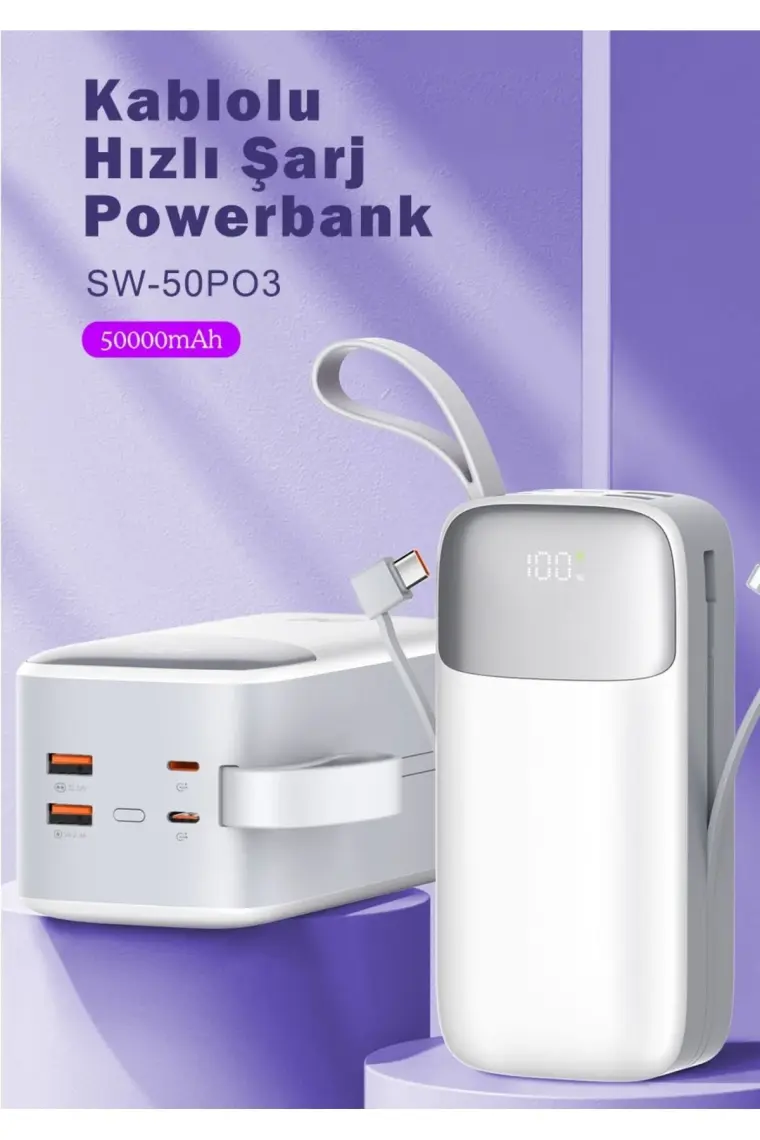 Sword 50000 mAh PD 22.5 W Hızlı Şarj Kendinden Kablolu Type-C & Lightning Powerbank Beyaz SW-50PO3