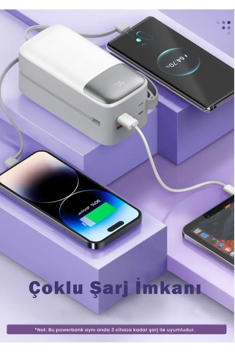 Sword 50000 mAh PD 22.5 W Hızlı Şarj Kendinden Kablolu Type-C & Lightning Powerbank Beyaz SW-50PO3