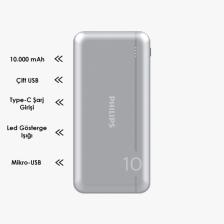 Philips DLP1810NV 10000 mAh 2 USB Çıkışlı Powerbank Gri