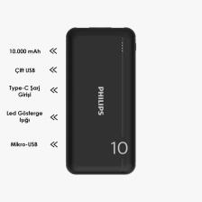 Philips Powerbank Ultra Compact 10000 Mah Dlp Seri DLP1810NB/62 Taşınabilir Çift USB Çıkışı Şarj Cihazı