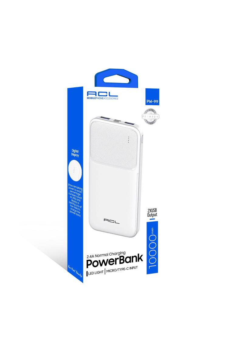 Acl Pw-99 10000MAH Powerbank Beyaz | LED Göstergeli, Çift USB & Type-C Çıkışlı, Akıllı Güvenlik Sistemli Taşınabilir Şarj Cihazı