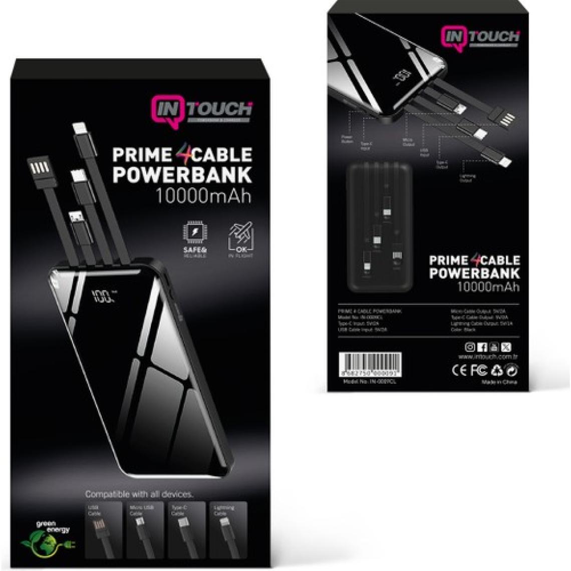 Intouch 10.000 mAh Prime Dijital Göstergeli Dahili Çoklu Kablolu Powerbank Siyah