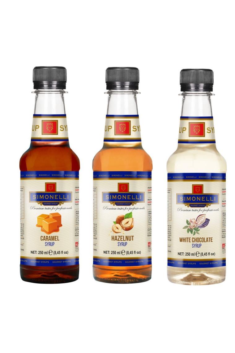 3'lü Şurup Seti (Karamel + Beyaz Çikolata + Fındık) Kahve Ve Kokteyl Şurubu 3x250ml