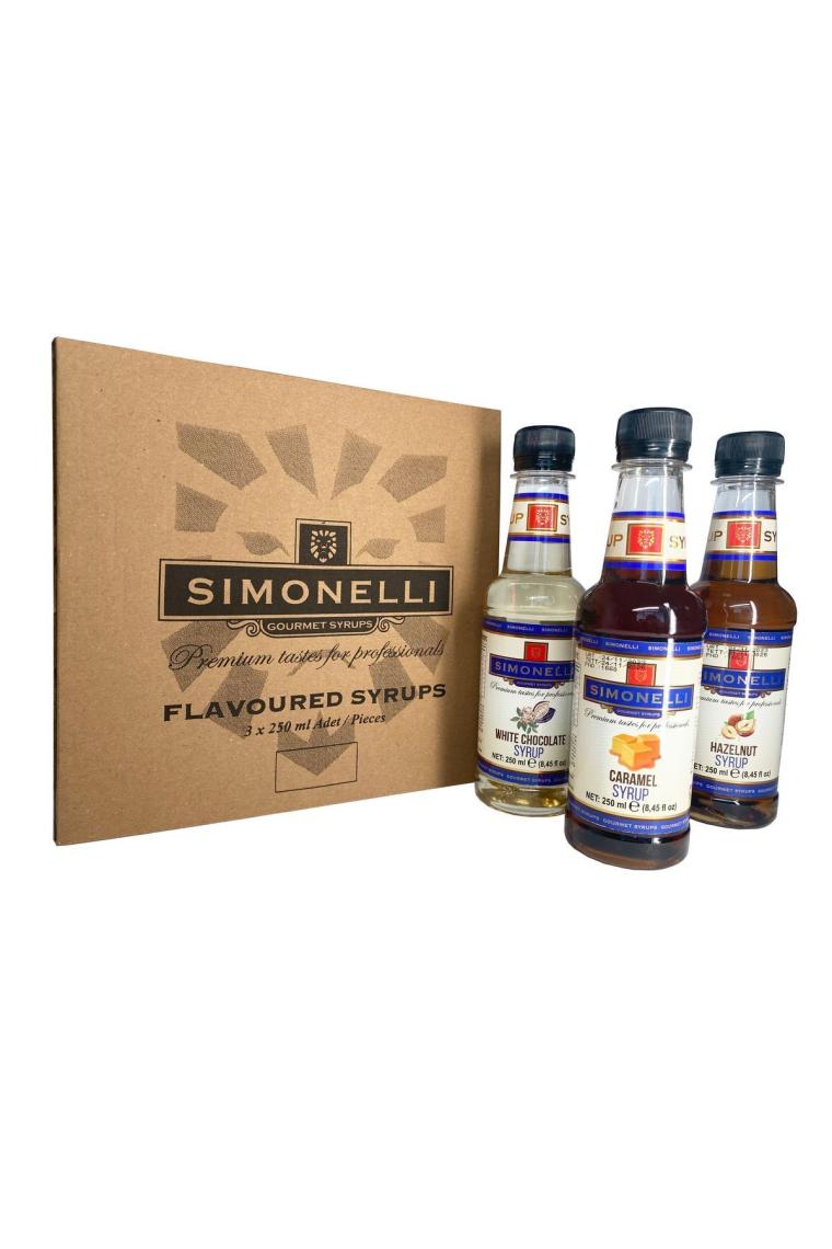 3'lü Şurup Seti (Karamel + Beyaz Çikolata + Fındık) Kahve Ve Kokteyl Şurubu 3x250ml