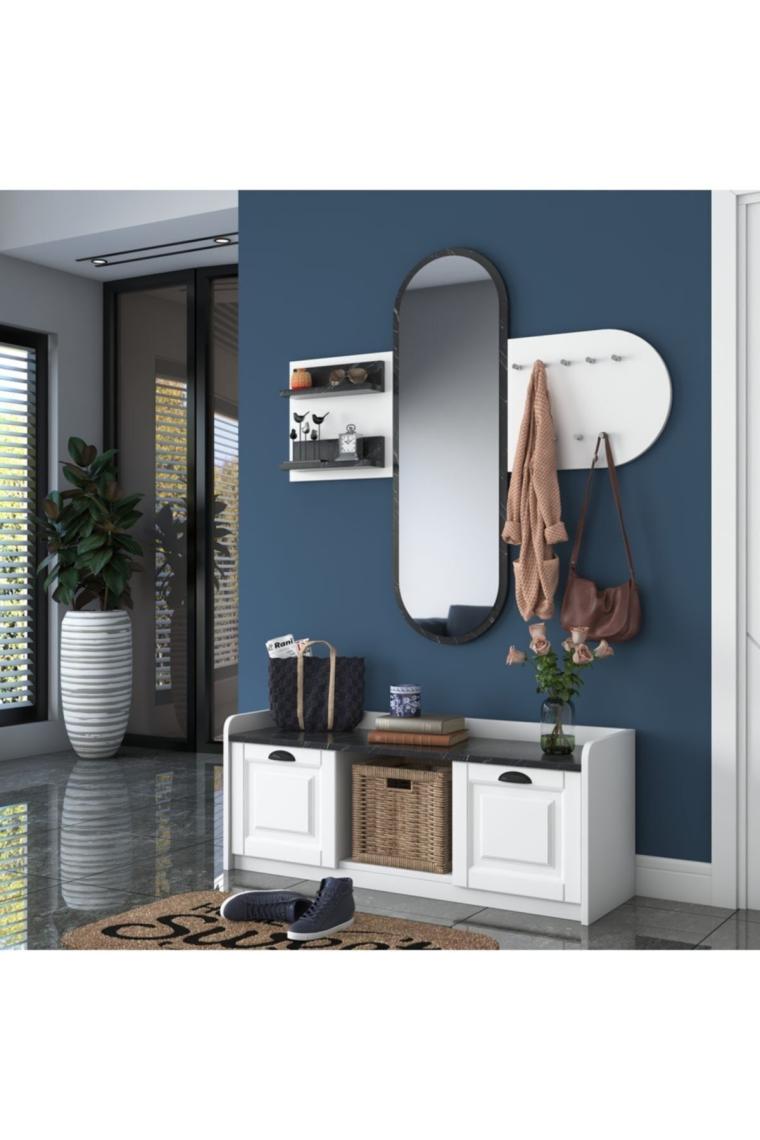 Rani Ee101 Aynalı Vestiyer Modern Portmanto Duvar Askısı Ayakkabılık Beyaz Mermer Desenli