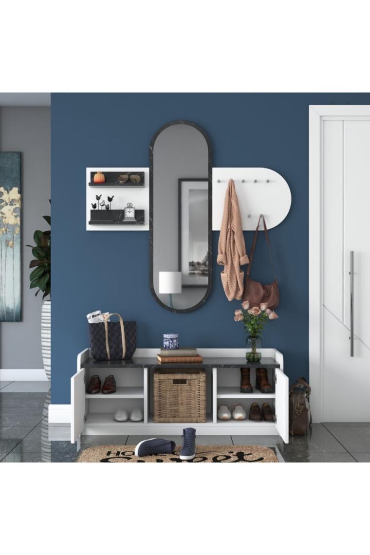 Rani Ee101 Aynalı Vestiyer Modern Portmanto Duvar Askısı Ayakkabılık Beyaz Mermer Desenli