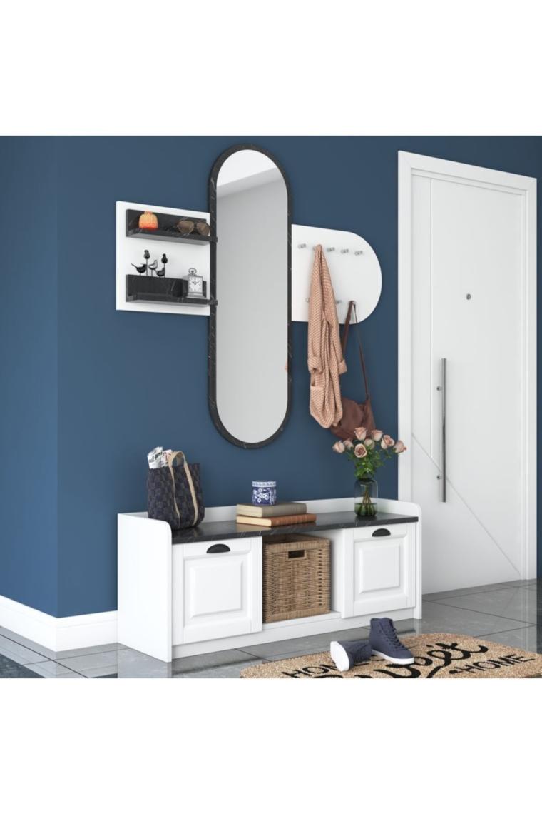 Rani Ee101 Aynalı Vestiyer Modern Portmanto Duvar Askısı Ayakkabılık Beyaz Mermer Desenli