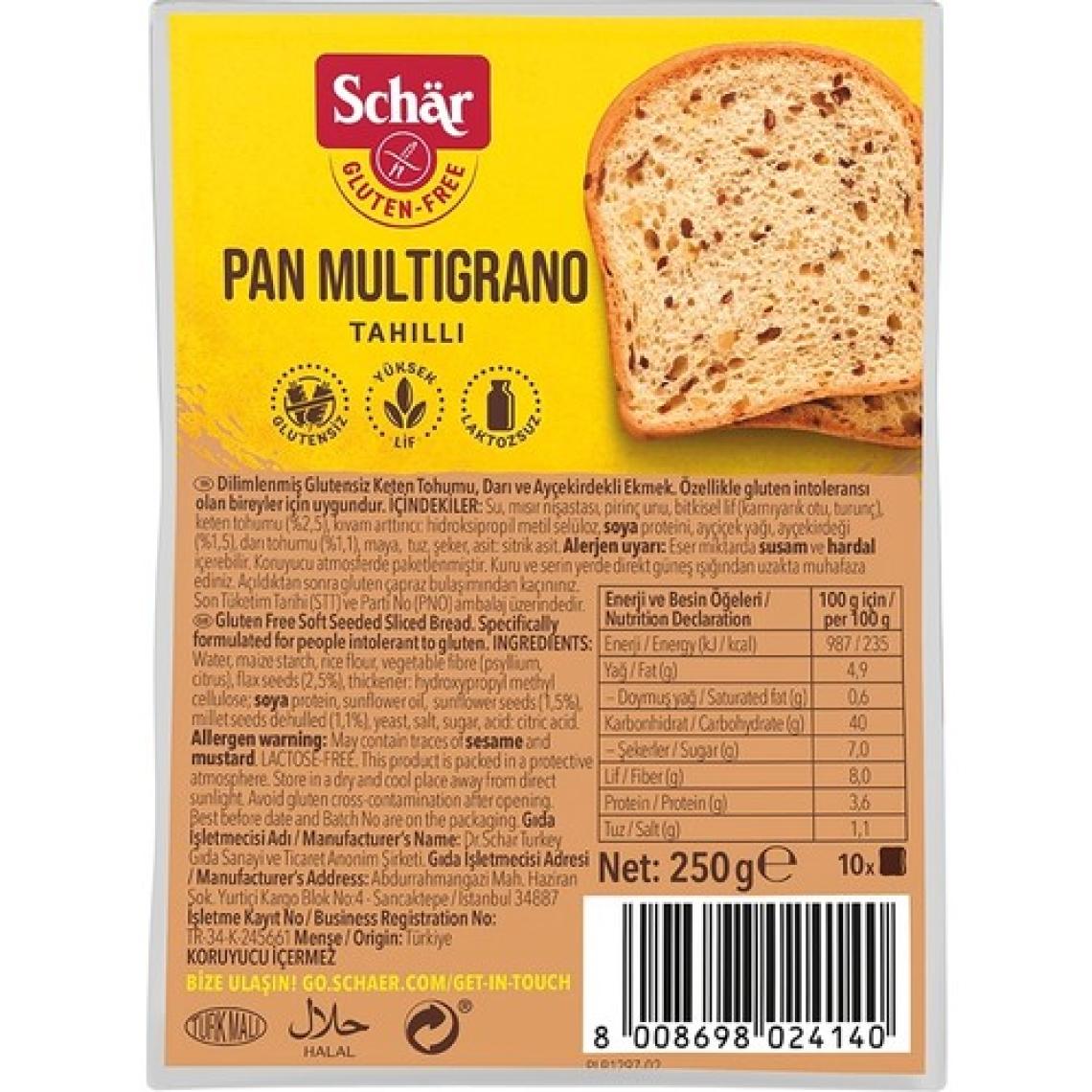 Schar Pan Multigrano Glutensiz Ketenli Ayçekirdekli Ekmek 250 gr (8 Adet)