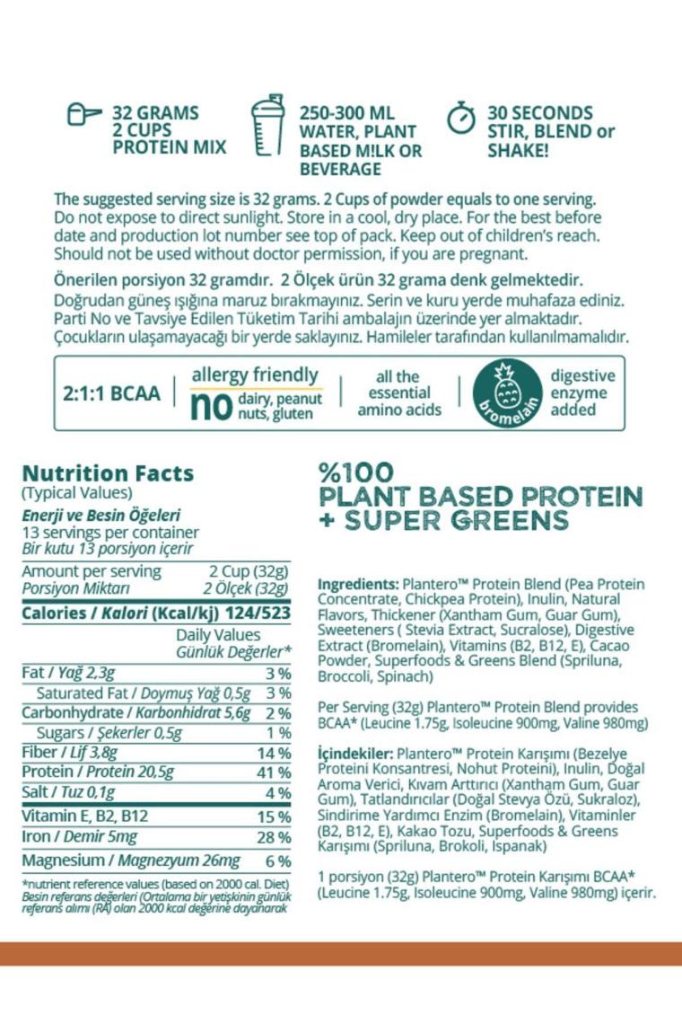 Plantero Çikolatalı Protein Isolate Blend ™ Supergreens Mix Vitamins