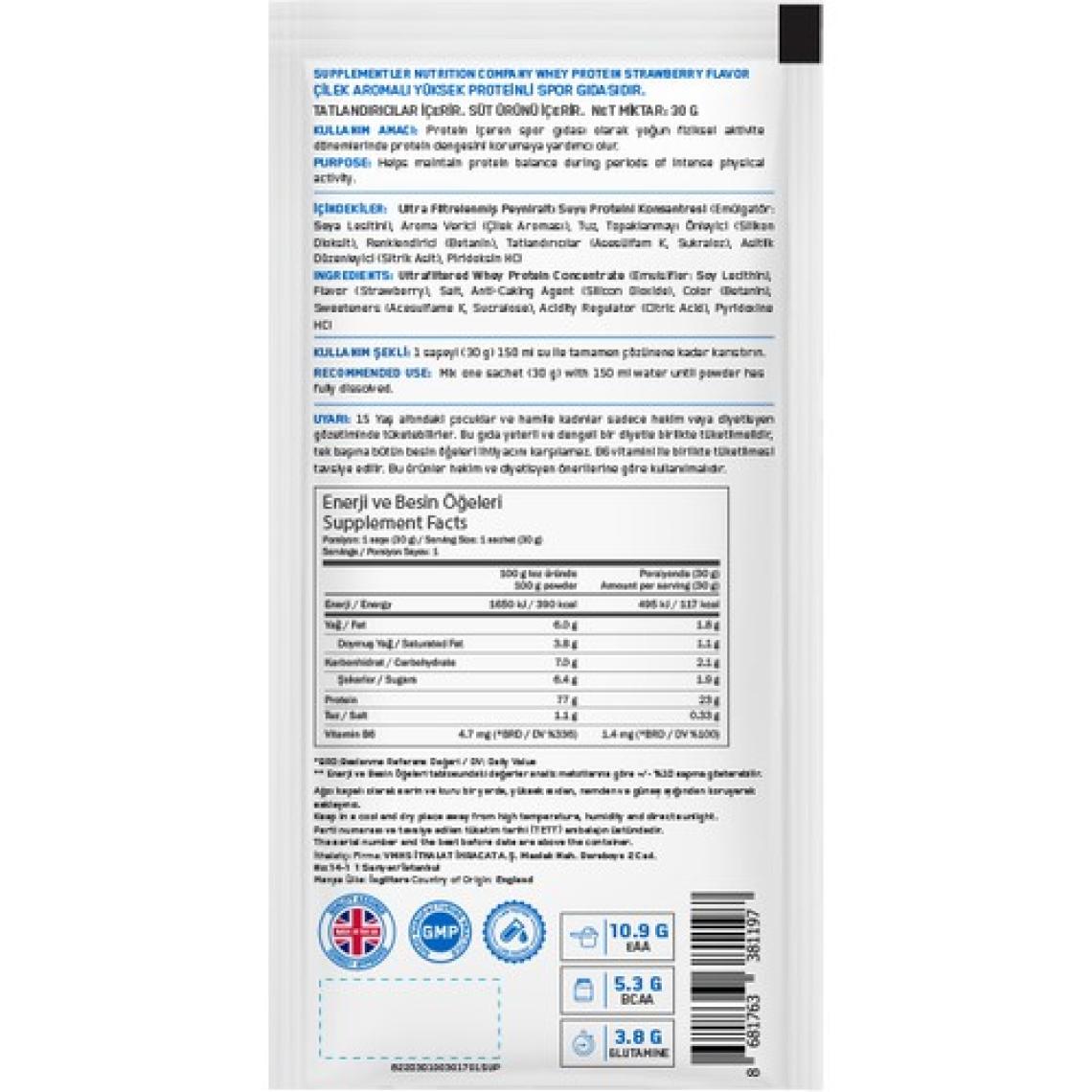 Supplementler Whey Protein 30 gr Tek Kullanımlık 20 Adet - Çilek