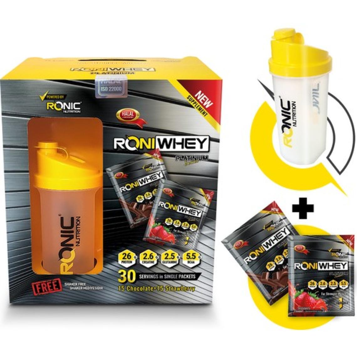 Ronic Nutrition Roniwhey Platinium 30 Şase Protein Tozu 1350 gr + Shaker ve 2 Adet Tek Kullanımlık Whey Protein