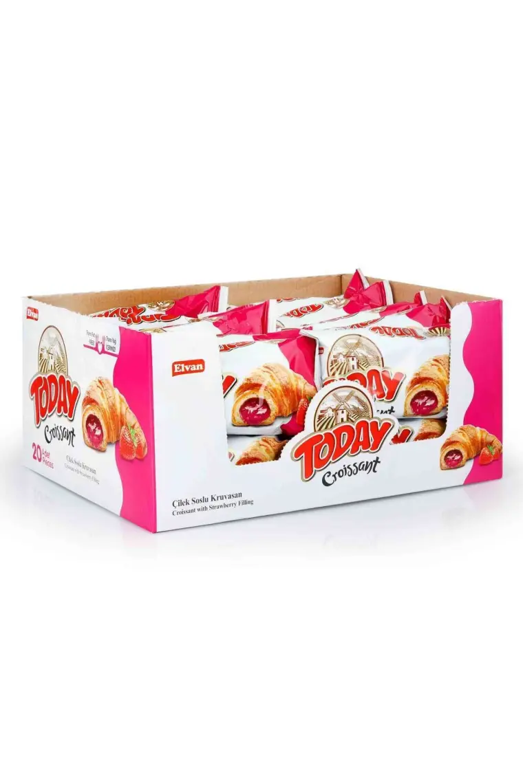Elvan Today Kruvasan 20×40 g – Çilek Dolgulu, Buğday Unlu, Bitkisel Yağlı Yumuşak Atıştırmalık, Türkiye Menşeli