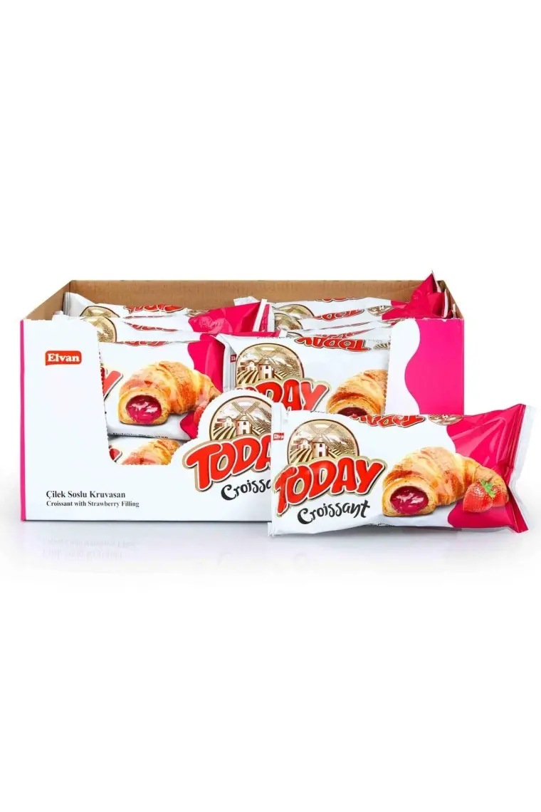 Elvan Today Kruvasan 20×40 g – Çilek Dolgulu, Buğday Unlu, Bitkisel Yağlı Yumuşak Atıştırmalık, Türkiye Menşeli