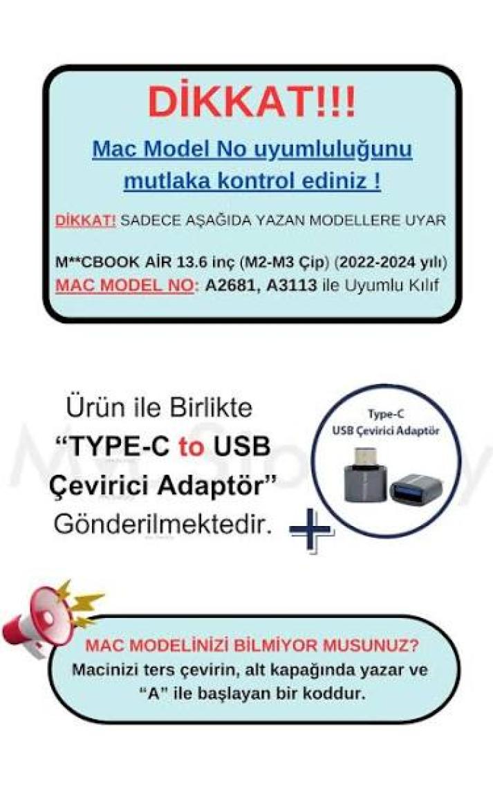 McStorey Macbook Air M2-M3 Kılıf 13.6 inç Mat Flu Kılıf (TouchID'li Air M2-M3) A2681 A3113 ile Uyumlu