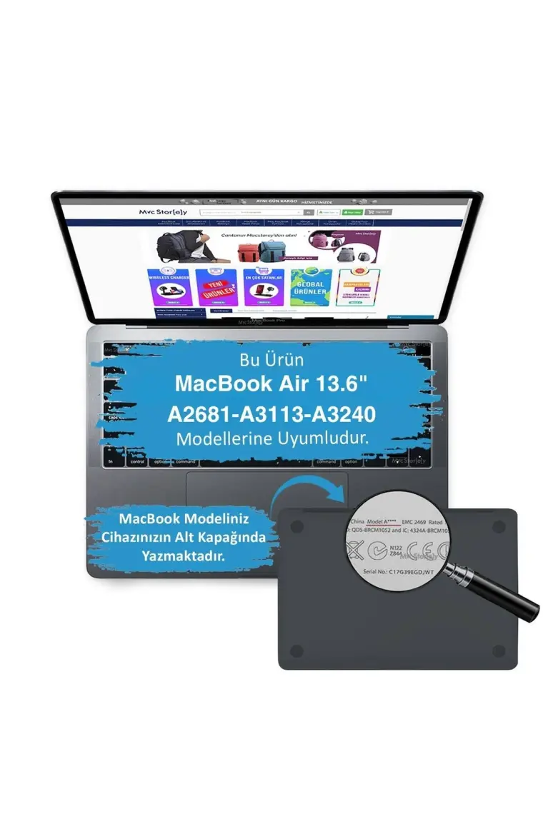 McStorey Macbook Air M2-M3 Kılıf 13.6 inç Mat Flu Kılıf (TouchID'li Air M2-M3) A2681 A3113 ile Uyumlu