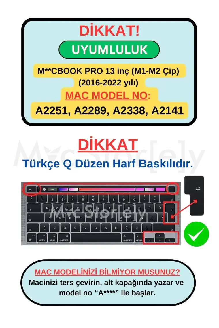 McStorey Macbook Pro Klavye Kılıfı 13inç M1-M2 Türkçe Q Baskı A2338 2289 2251 A2141 ile Uyumlu Ombre