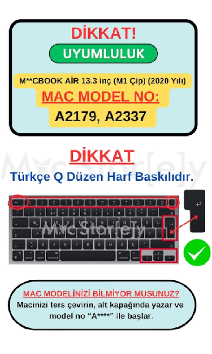McStorey Macbook Air M1 Klavye Kılıfı Türkçe Q Baskı A2179 A2337 ile Uyumlu