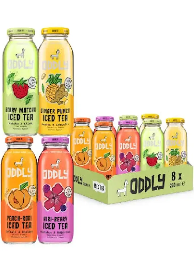 ODDLY Saçma İyi Soğuk Çay Dörtlüsü (Peach-Rooi, Hibi-Berry, Ginger-Punch, Berry- Matcha) Cam 250 ml 8 Adet