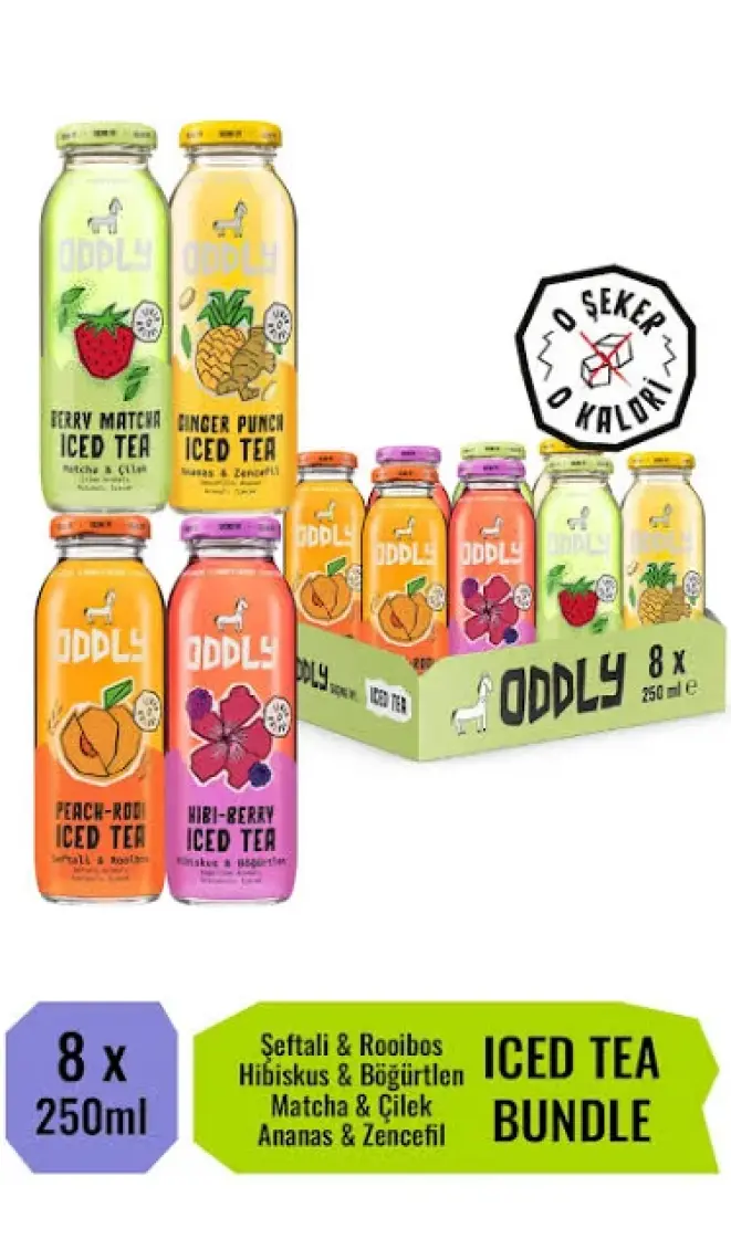 ODDLY Saçma İyi Soğuk Çay Dörtlüsü (Peach-Rooi, Hibi-Berry, Ginger-Punch, Berry- Matcha) Cam 250 ml 8 Adet