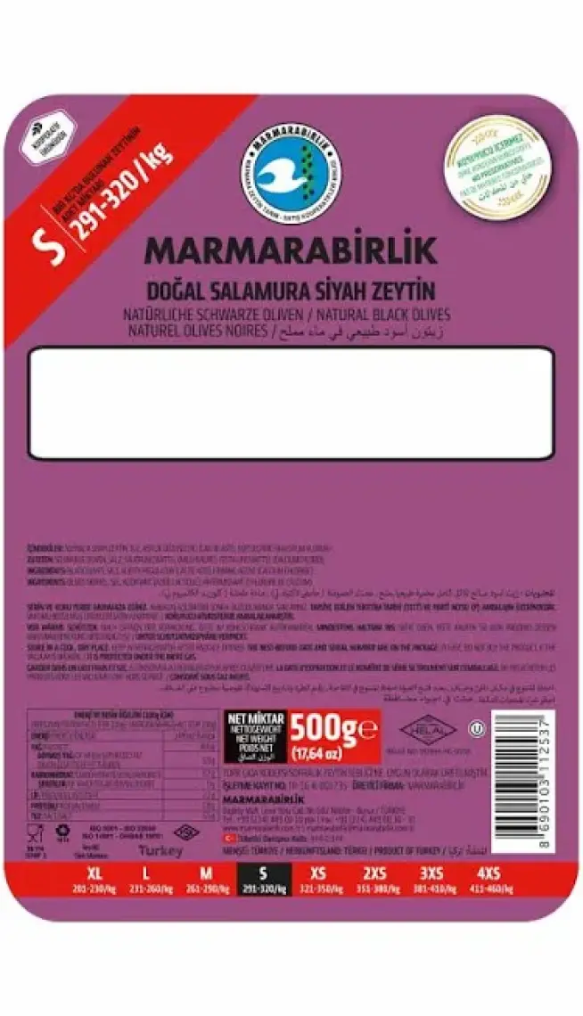 Marmarabirlik Siyah Zeytin S291-320/KG 500 gr Hss