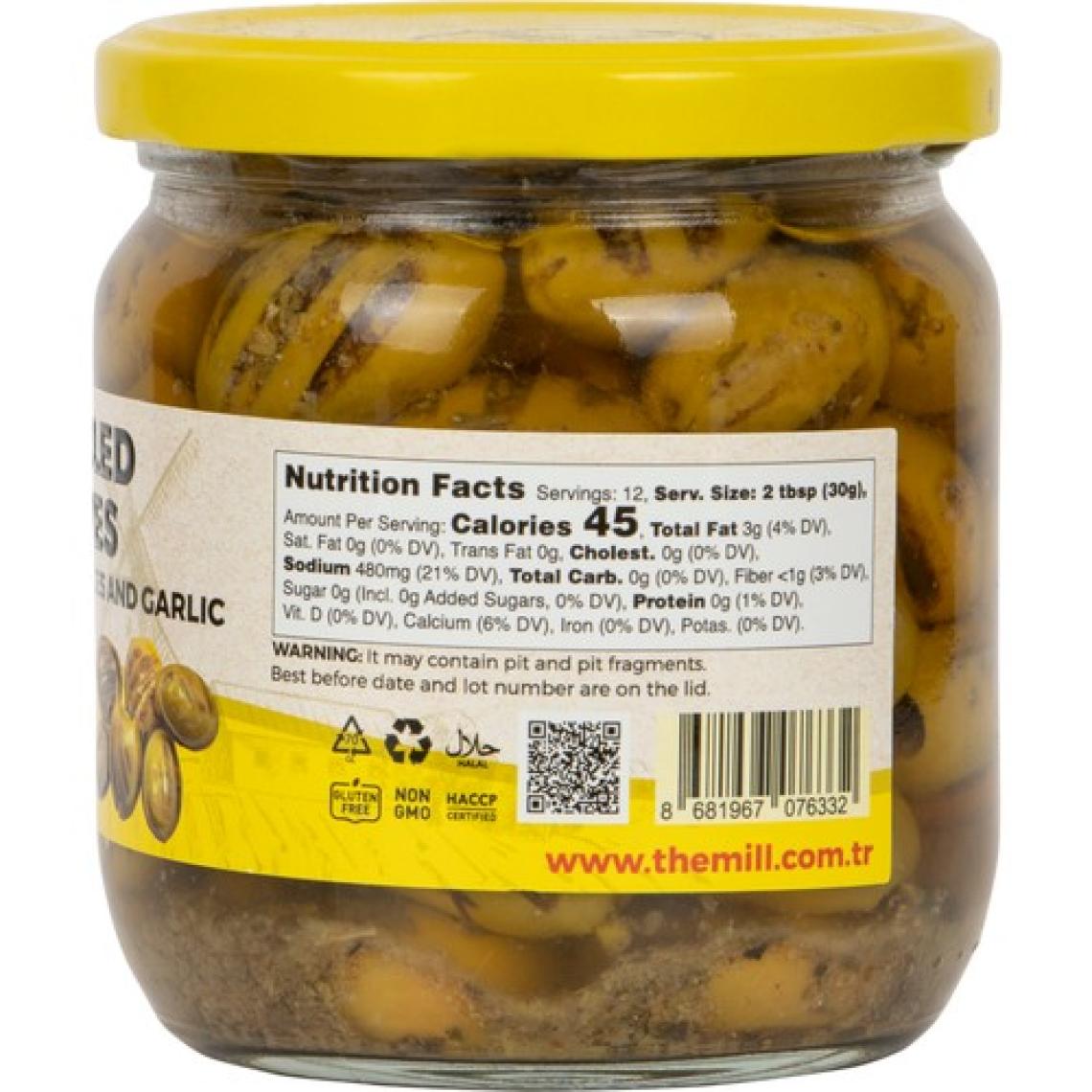 The Mill Gurme Izgara Zeytin 380 gr Cam Kavanoz - %100 Natürel Sızma Zeytinyağı, Baharat ve Sarımsak İçerikli - Kahvaltı, Salata ve Atıştırmalıklar İçin Uygun - Doğal Olarak İşlenmiş - Pastörize