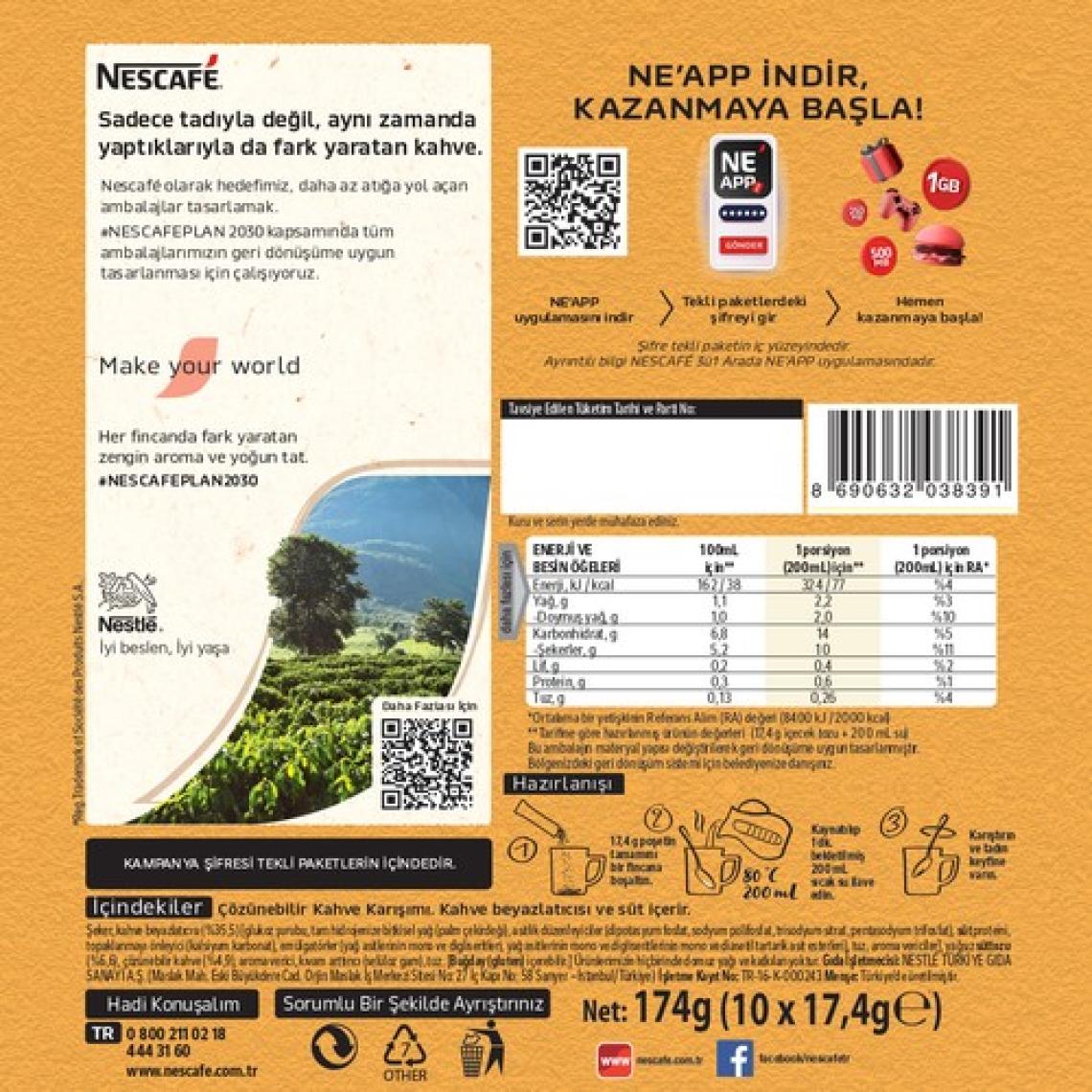 Nescafe 3'ü 1 Arada Sütlü Köpüklü 10'lu Paket 10x17.4g