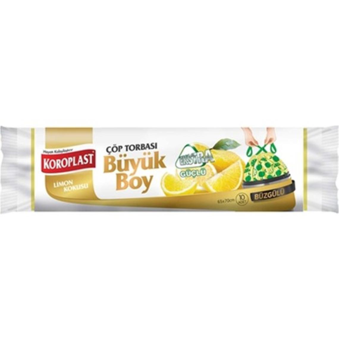 Koroplast Limon Kokulu Büyük Boy Büzgülü Çöp Poşeti 10'lu 65x70cm, Kolay Bağlanır Büzgülü Büyük Çöp Torbası, Sızdırmaz Yırtılmaz, Dayanıklı Çöp Poşeti