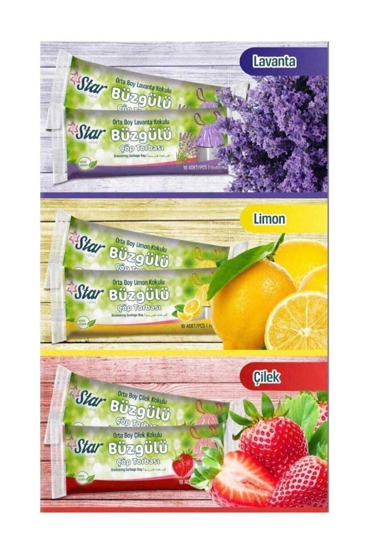 (3 Adet) Lavanta - Limon - Çilek Kokulu Büzgülü Çöp Torbası Orta Boy 120 Gr. 55x60 Cm.