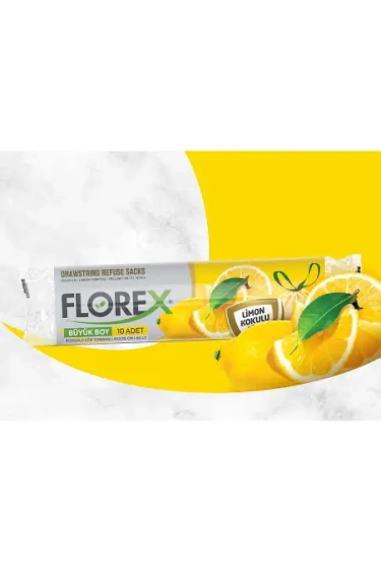 Florex 60 Litre Büzgülü Limon Kokulu Sarı Çöp Torbası Poşeti / 65 x 70 Cm. - 10X25 Rulo / Koli