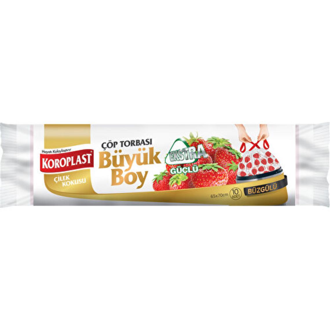 Koroplast Ekstra Güçlü Büzgülü Çilek Kokulu Büyük Boy 65x70 cm 10'lu Çöp Torbası