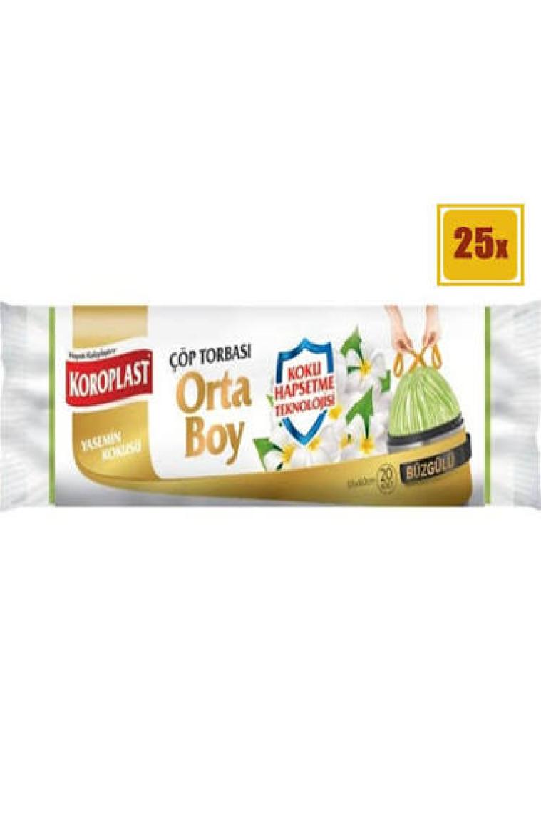 Koroplast Yasemin Kokulu Orta Boy Büzgülü Çöp Poşeti 15'li 55x60cm, Kolay Bağlanır Büzgülü Orta Çöp Torbası, Sızdırmaz Yırtılmaz, Dayanıklı Çöp Poşeti