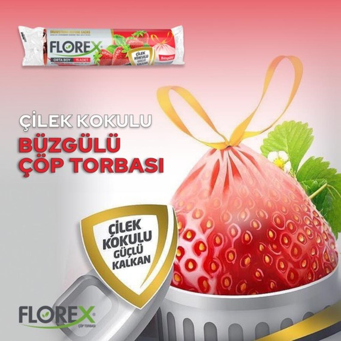 Florex Büzgülü Çilek Kokulu Orta Boy Çöp Poşeti x 5 Rulo