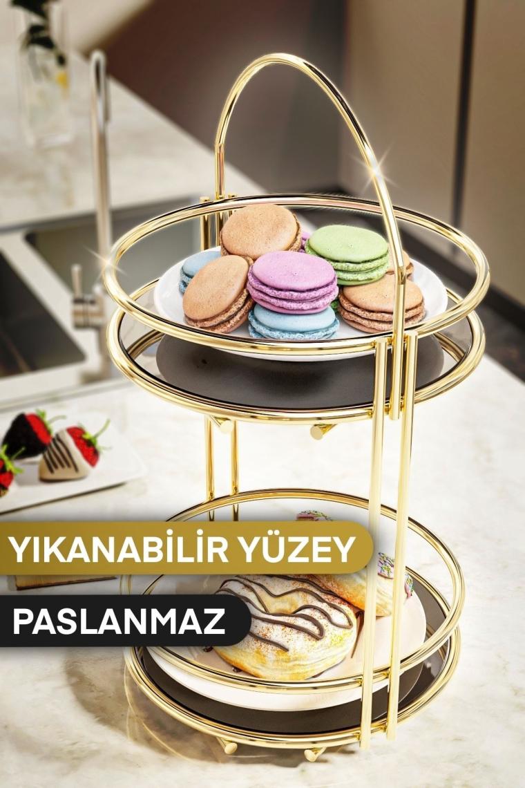 Bino Ikramlık 2 Katlı 40 cm Gold Lüks Kurabiyelik Tepsi Servis Sunum Organizeri Mutfak Düzenleyici